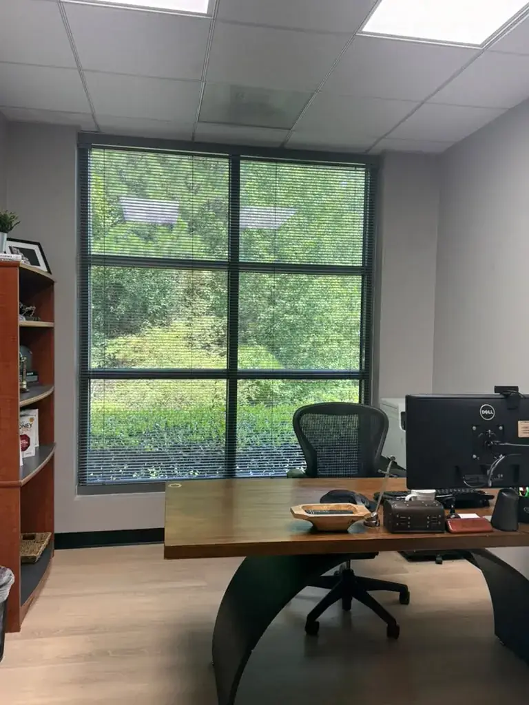 Large private office with desk and greenery view at World Park Alpharetta