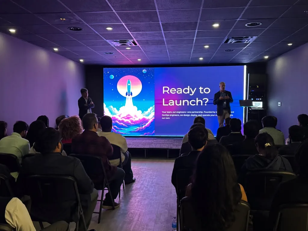 Ready to Launch slide on the LED screen during the MarQi Cloud tech talk at World Park