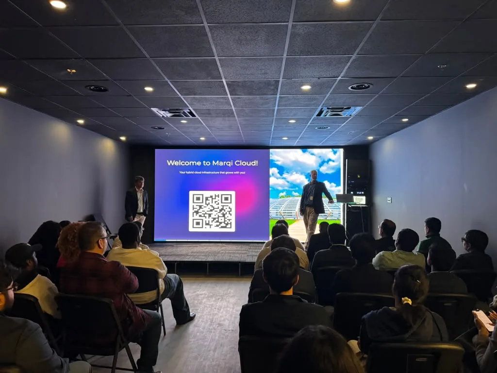 Welcome to MarQi Cloud slide with QR code during the tech talk at World Park