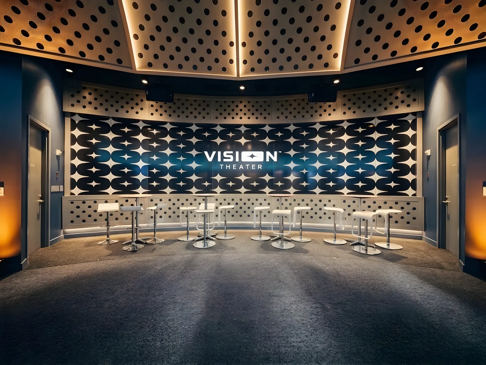 Vision Theater presentation space with high-top seating at World Park in Alpharetta, Georgia